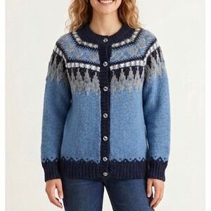 Alpaca Connection Cardigan Sweater Fair Isle Alpaca Blend Blue Medium